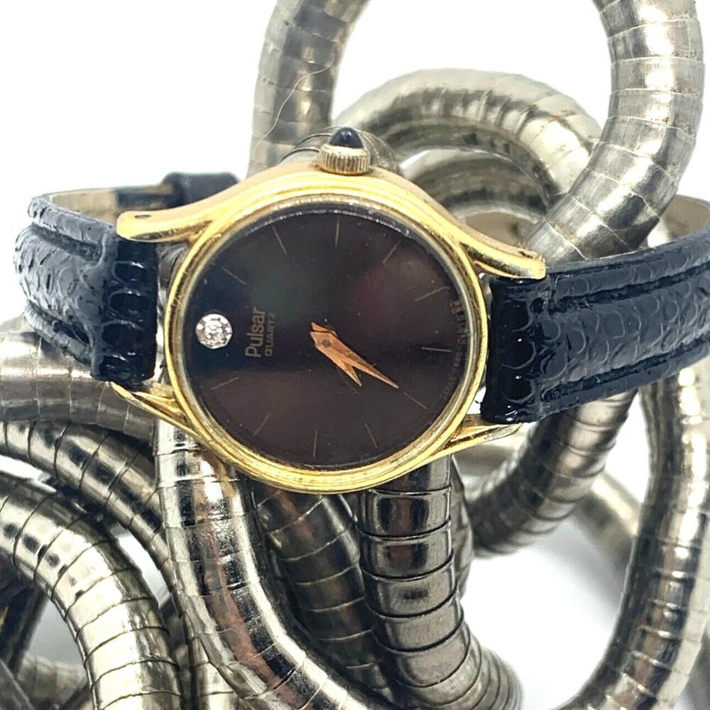 Pulsar Y580-0019 Round Gold Tone/Diamond Accent/Black Leather Women's Watch